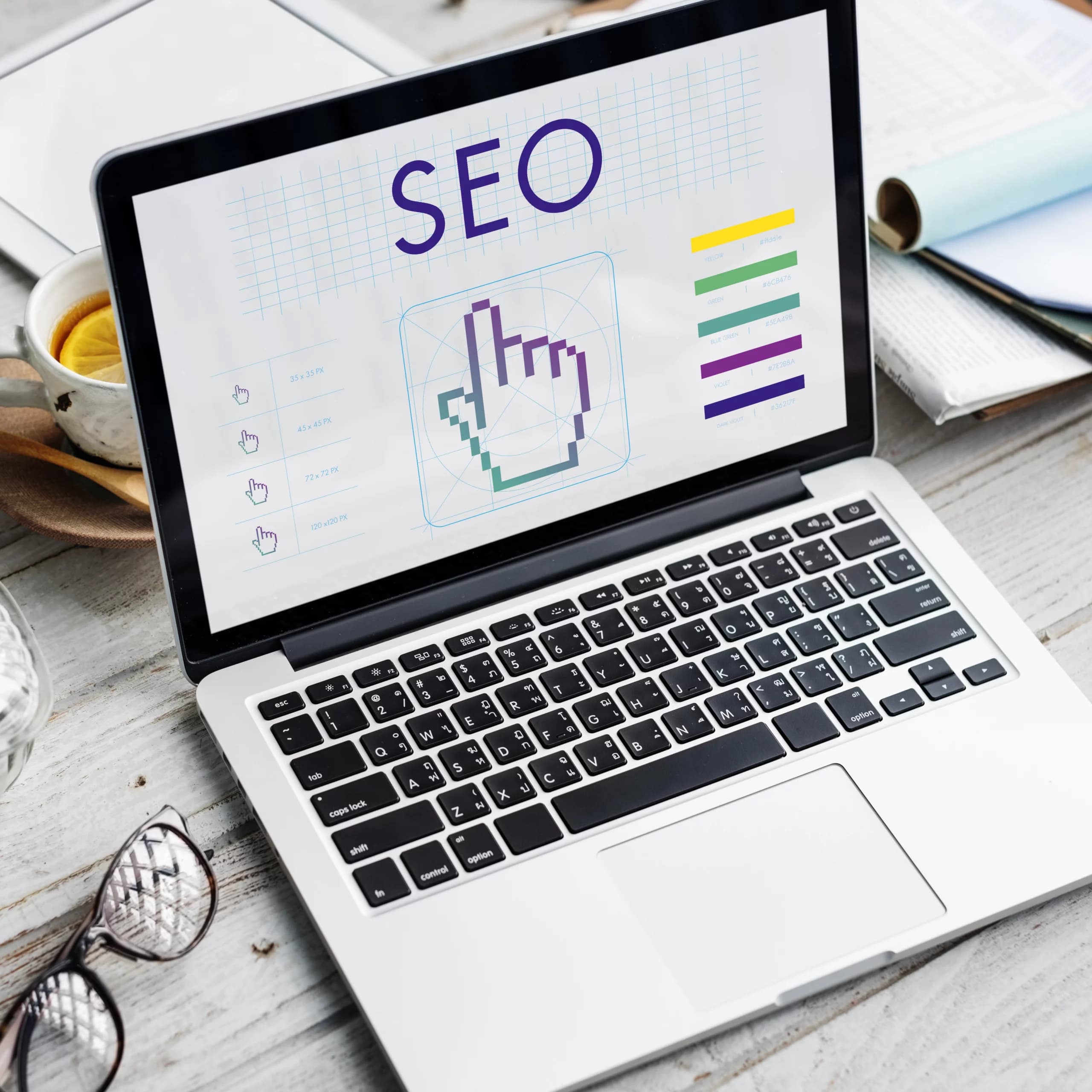 Ordinateur portable affichant une interface d'analyse SEO avec une icône de clic