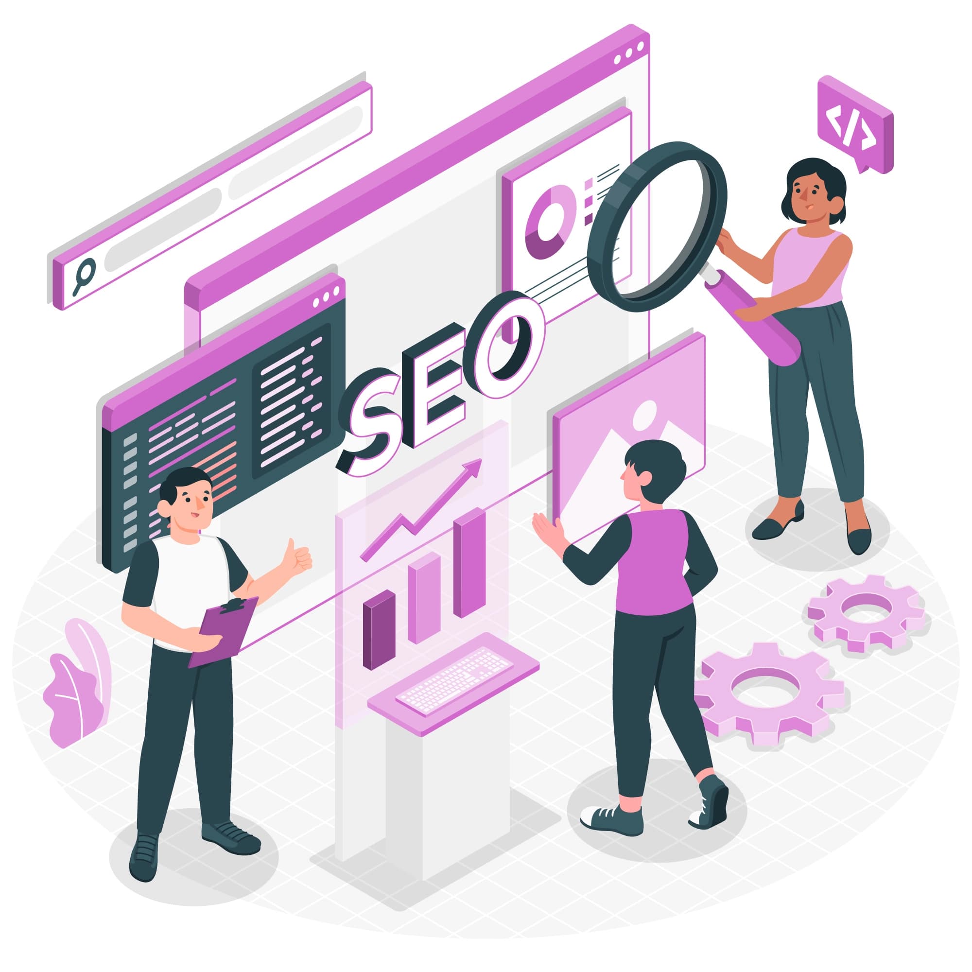 Illustration de professionnels travaillant sur des stratégies de SEO